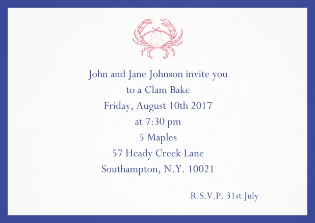 Invitation cad with Crab perfect for summer fun, clam bakes, crab cakes and more