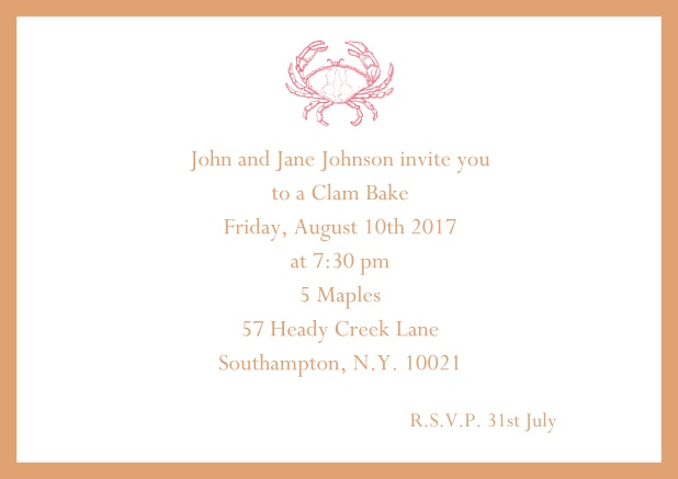 Online Invitation cad with Crab perfect for summer fun, clam bakes, crab cakes and more Orange.