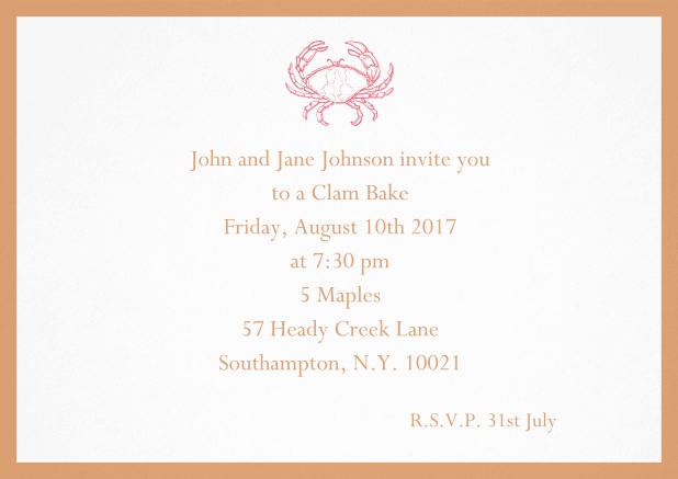 Invitation cad with Crab perfect for summer fun, clam bakes, crab cakes and more Orange.