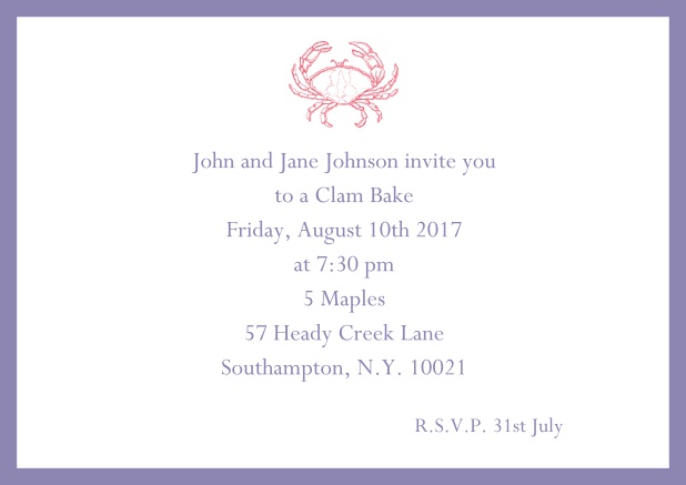 Online Invitation cad with Crab perfect for summer fun, clam bakes, crab cakes and more Purple.