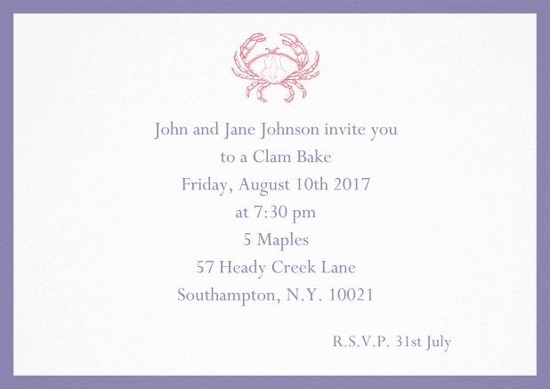 Invitation cad with Crab perfect for summer fun, clam bakes, crab cakes and more Purple.