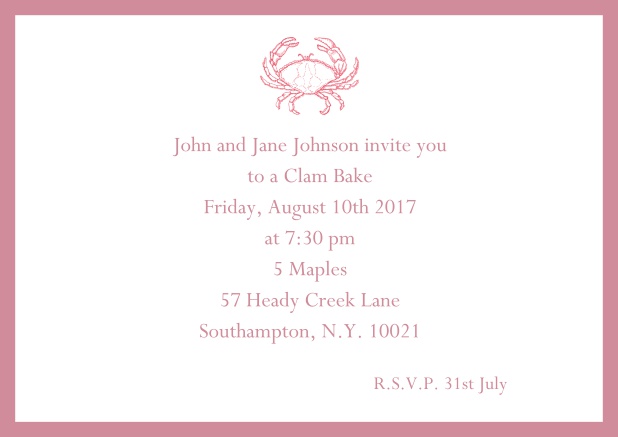Online Invitation cad with Crab perfect for summer fun, clam bakes, crab cakes and more Red.