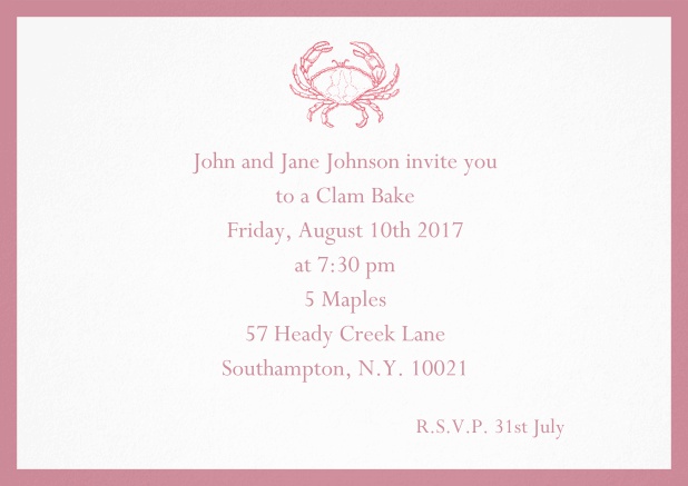 Invitation cad with Crab perfect for summer fun, clam bakes, crab cakes and more Red.