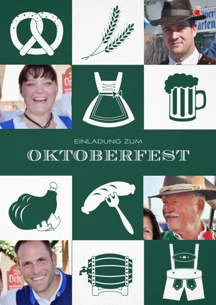 Einladungskarte zum Oktoberfest mit kariertem Muster in verschiedenen Farben und Fotofeldern. Grün.