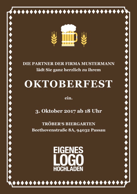 Klassisch farbige Online Einladungskarte zum Bierfest mit Hopfen und Bierillustration Braun.