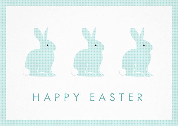 Wish Happy Easter with this beau Easter card with three Easter Bunnies. Blue.