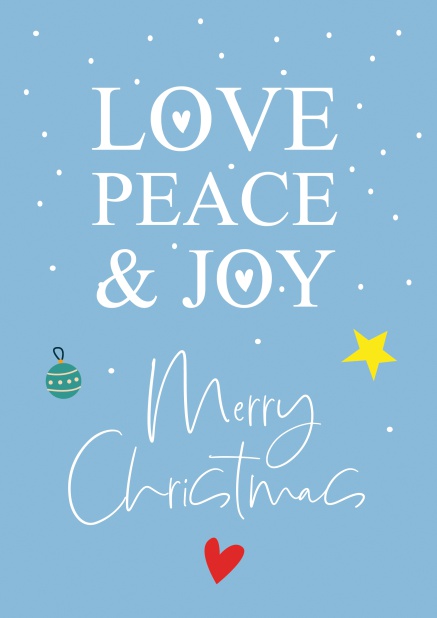 Online Blaue Weihnachtskarte mit Love, Peace & Joy