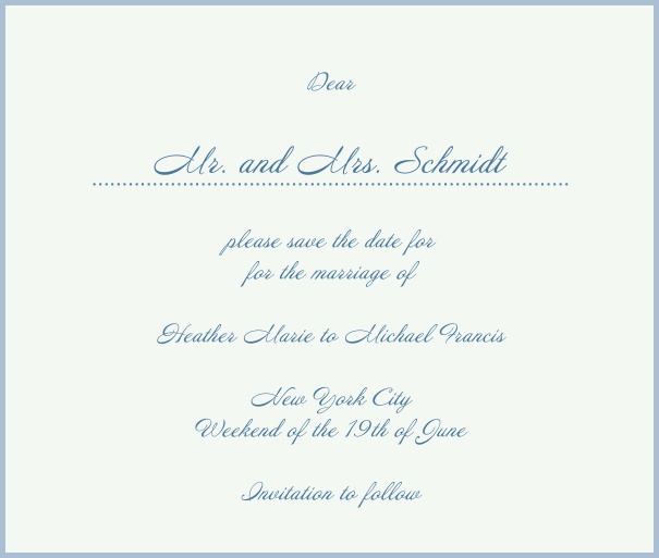 White Classic Wedding Save the Date Card with red border. Blue.