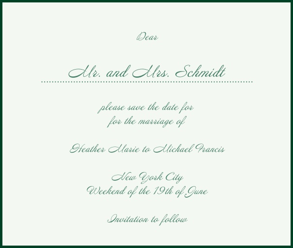 White Classic Wedding Save the Date Card with red border. Green.