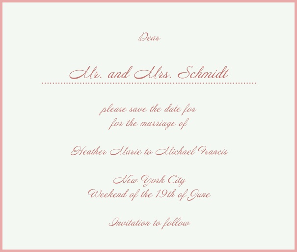 White Classic Wedding Save the Date Card with red border. Pink.