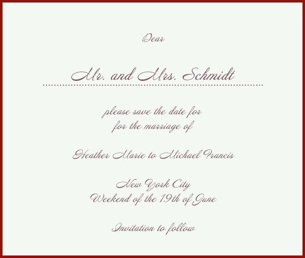 White Classic Wedding Save the Date Card with red border. Red.