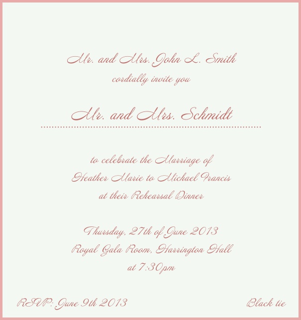 Weiße elegante Einladungskarte in Hochkant mit rotem Rahmen. Rosa.