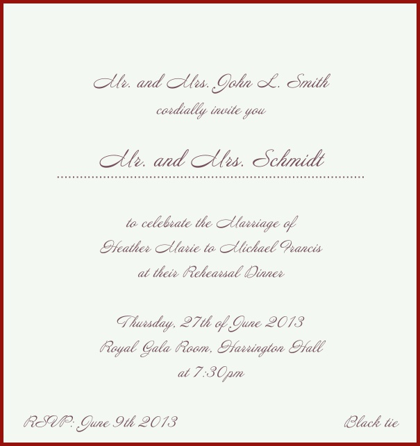 Weiße elegante Einladungskarte in Hochkant mit rotem Rahmen. Rot.
