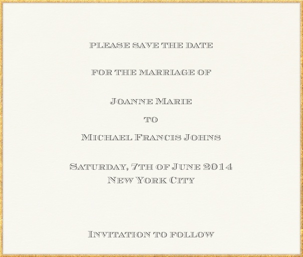 Hochzeits Save the Date Karte mit Goldrand und persönlicher Anrede des Empfängers.
