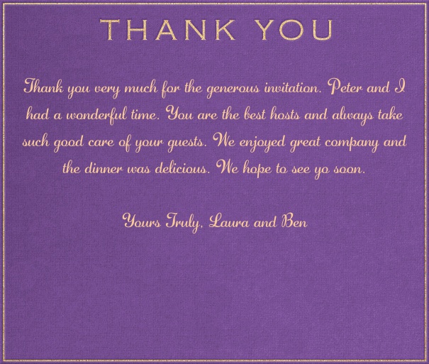 Purple Thank You Card With Gold Text.