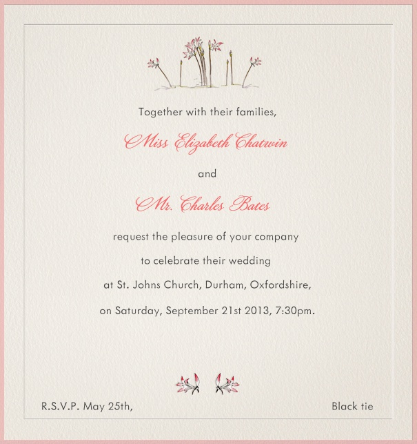 Online Einladungskarte mit rosa Rand und rosa Frühlingsblumen.