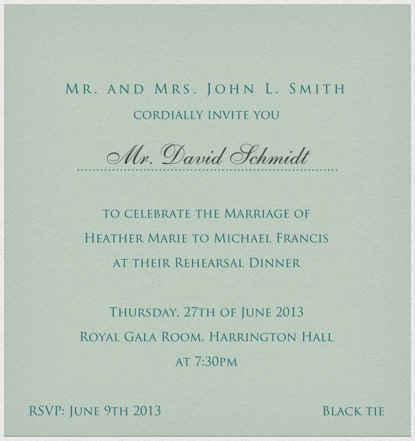 Light green, classic Wedding Invitation Card with customizable text box and space for recipient names.