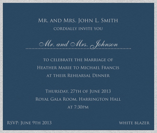 Blaue, elegante Einladungskarte mit Empfängernamen für die persönliche Anrede.