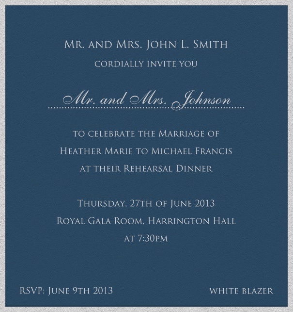 Blaue, elegante Einladungskarte mit Empfängernamen für die persönliche Anrede.