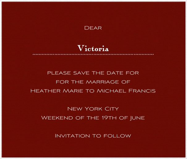 Red online Wedding Save the Date Card with white Border.