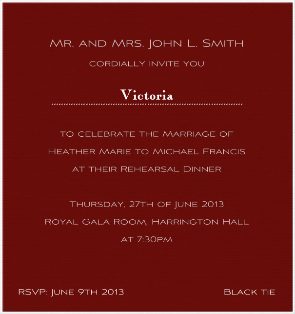 Red, classic Invitation Card with white font.