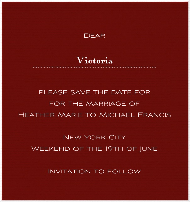 Red online Wedding Save the Date high format Card with white Border.