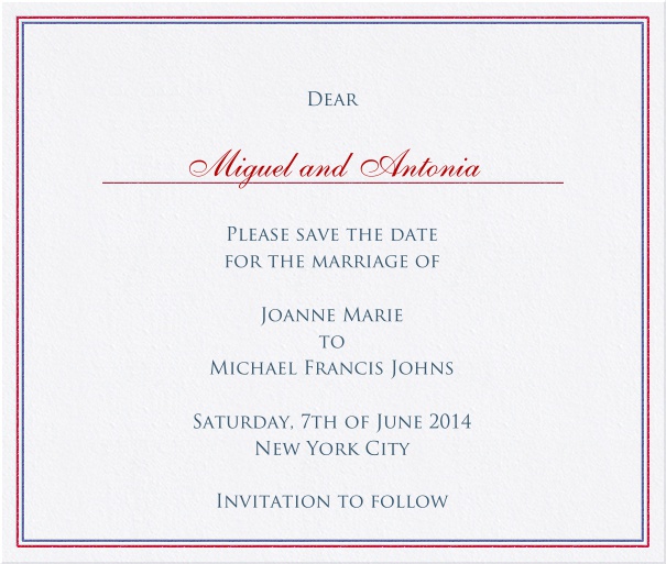 Wedding Save the Date Card with red and blue border.