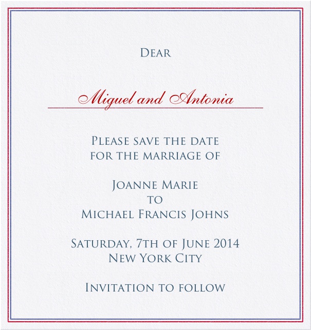 High format Wedding Save the Date Card with red and blue border.