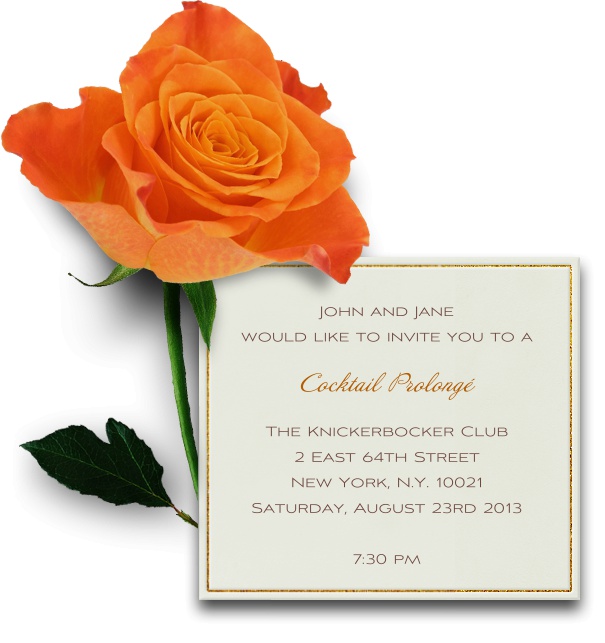 Quadrate Einladungskarte in weiss mit goldenem Rahmen und digitaler Version einer echten grossen orangenen Rose an der linken oberen Seite.