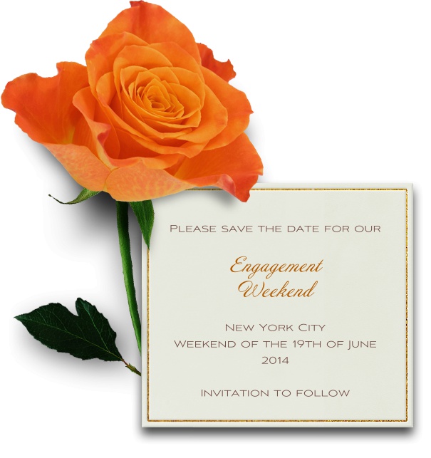 Blumen save the date Kartenvorlage in weiss mit goldenem Rand und digitaler oranger Rose.