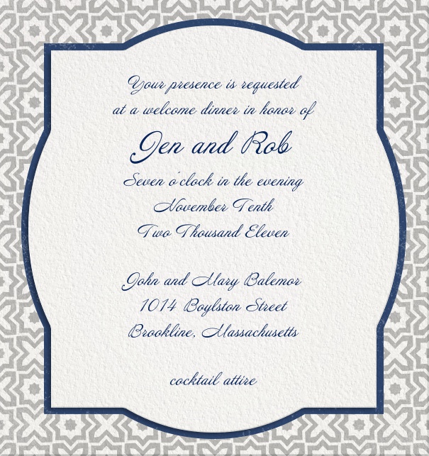 Weiße Hochzeitseinladungskarte mit blauem Rand und grauem Tic-Tack-Toe-Muster.