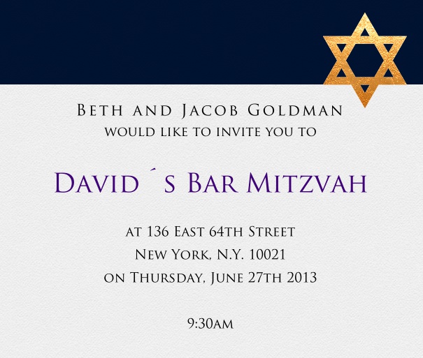 Blue and White Bar Mitzvah Invitation or Bat Mitzvah Invitation with Gold Star of David.