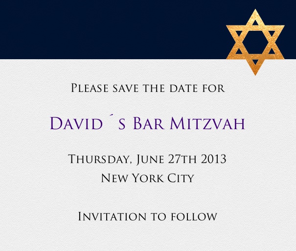 Graue Bar Mitzvah oder Bat Mitzvah Save the Date Karte mit schwarzem Streifen oben und Davidstern oben rechts.