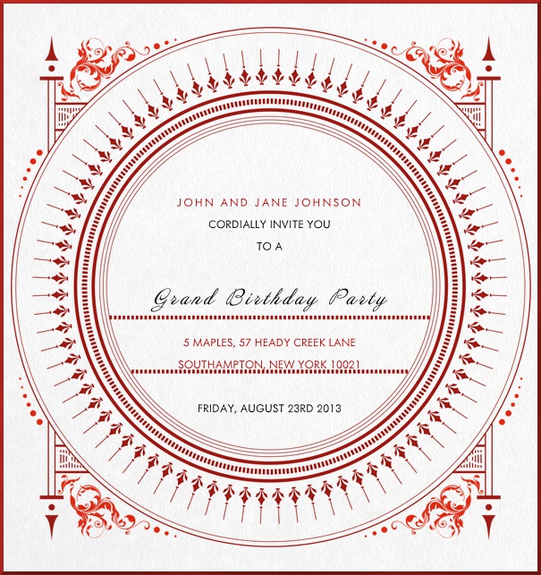 Graphic Birthday Party Invitation with artistic red ornaments.