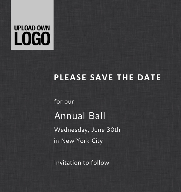 Rectangular online Save the Date template for corporate events and annual ball with dark background, space to upload own logo on top left and event details box.