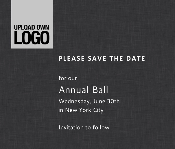 Squared online Save the Date template for corporate events and annual ball with dark background, space to upload own logo on top left and event details box.