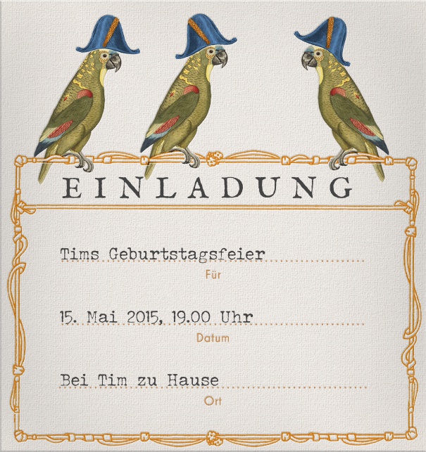 Online Einladungskarte mit ausfüllbaren Feldern zur Adressierung und drei Papageien oben mittig.