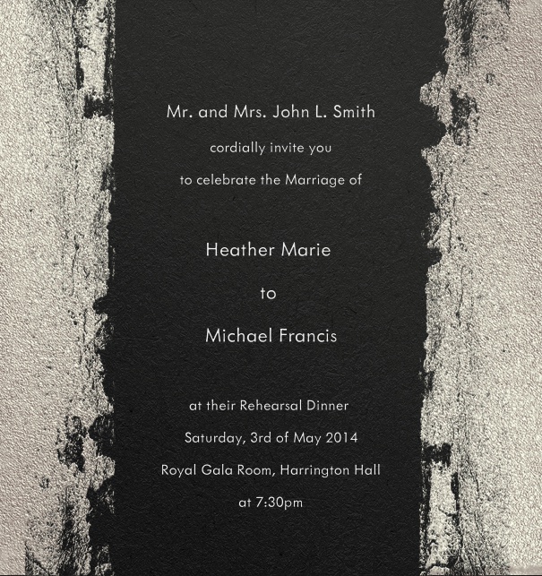 Schwarze, formale Online Einladungskarte zur Hochzeit mit grauem Rahmen.