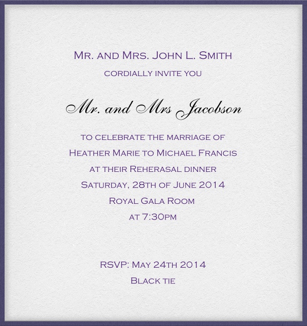 Classic white formal invitation card with blue frame and recipient name box.