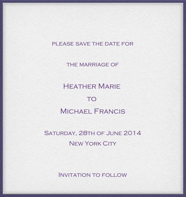 White classic formal high format Save the Date Card with thin blue border and personal addressing of recipients.