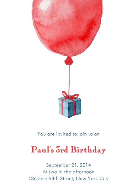Online Geburtstagseinladungskarte mit rotem Ballon und Geschenk.