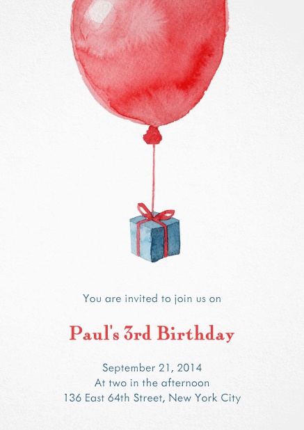 Birth announcement or Birthday invitation with red balloon and present.