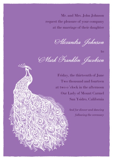 Purple online Wedding invitation card with editable text field and peacock.