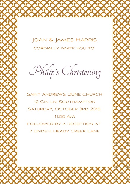 Online Christening invitation card with golden frame and editable text.