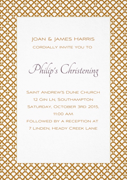 Christening invitation card with golden frame and editable text.