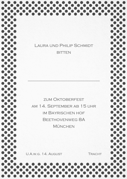 Einladungskarte mit gepunktetem Rahmen und editierbarem Text. Grau.