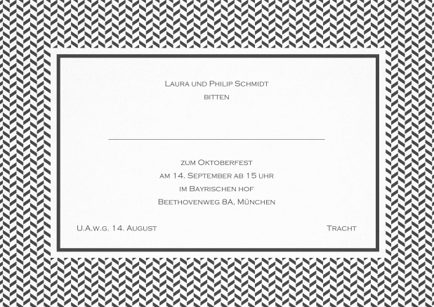 Klassische Tracht Einladungskarte mit Rahmen aus kleinen Wellen und editierbarem Text. Grau.