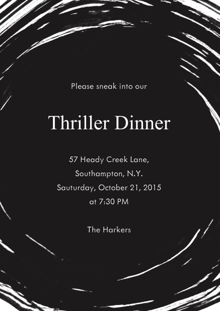 Online black Halloween invitation card with swirl and editable text.