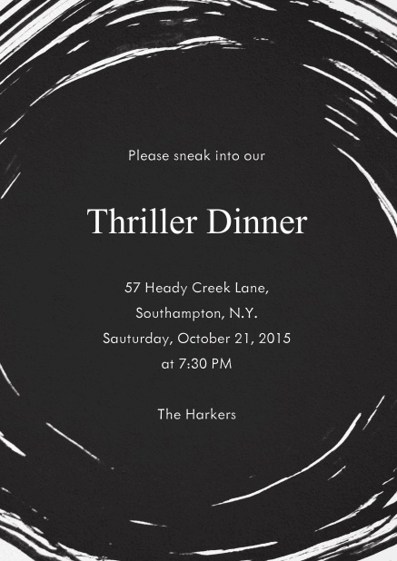 Black Halloween invitation card with swirl and editable text.