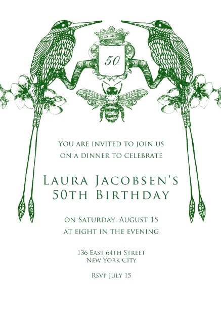 Online Einladungskarte für Hochzeitseinladungen und edle Geburtstagseinladungen mit zwei grünen Vögeln.